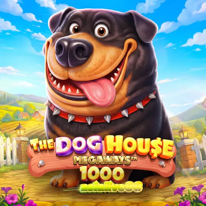 Tampilan visual The Dog House Megaways 1000 dengan karakter anjing ikonik