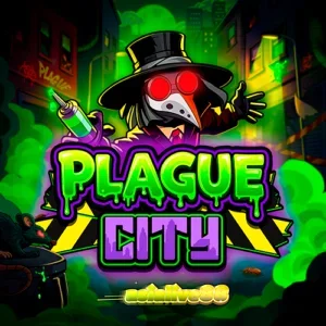 Tampilan layar permainan slot Plague City dengan tema kota neon yang gelap